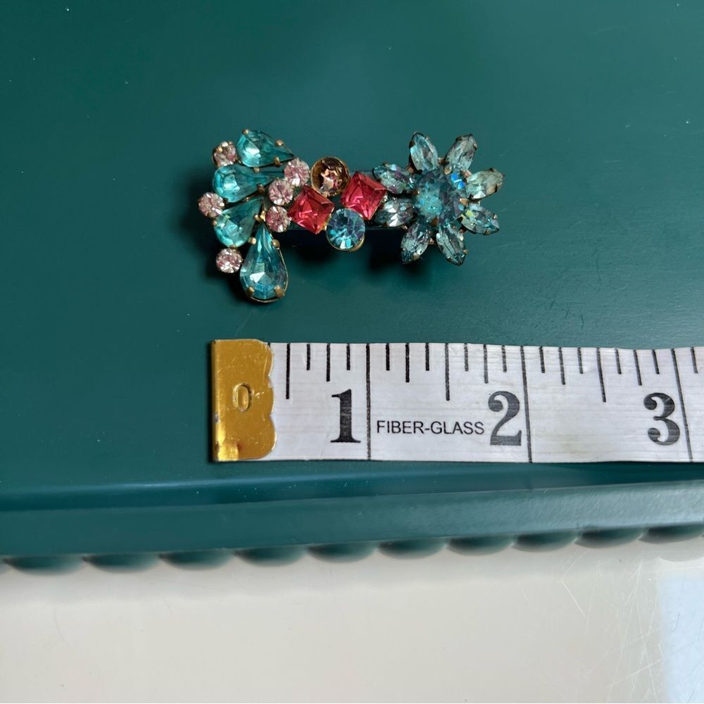 Vintage 3 Piece MCM 1950s 1960s Atomic Era Aqua Pink Crystal Brooch Pins Lot - Picture 4 of 9